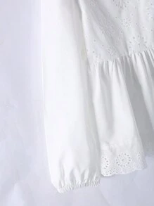 青少年女孩休闲日常圆领长袖纯色刺绣衬衫和松紧腰喇叭腿牛仔裤春季服装 - 白色 - 查看 8