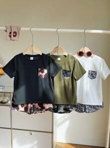 6pcs/Set Young Boys Casual Funny Cute Patchwork Print Pattern Round Neck Short Sleeve T-Shirt & Shorts 2 Pieces Outfits, 3 Designs, Suitable For School, Garden, Beach, Birthday, Spring/Summer/Autumn/Winter - Multicolor - View 4