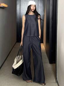 DAZY Washed Slit Vest And Wide Leg Jeans Women Denim 2pcs Suit Vacation Outfits Women - Dark Wash - View 3