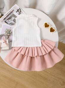 Set da 2 pezzi per bambine, con top con ricamo floreale e gonna con orlo plissettato, dolce e alla moda per l'uso all'aperto, primavera/estate - Rosa - Visualizzare 2