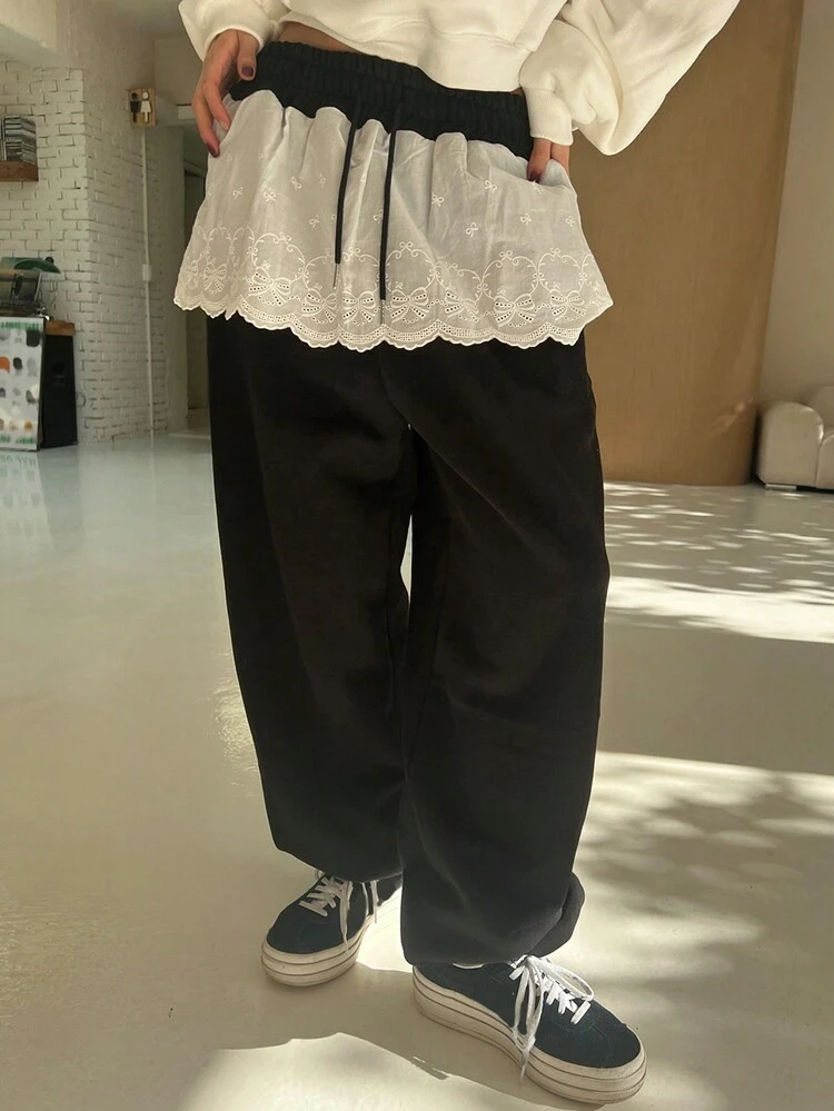 Women Contrast Lace Skirt With Sweatpants, Loose Fit Sports Casual Wear, All Season Festival Women Joggers