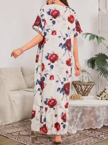 Bubble Ruffle Trim Floral Print Long Nightgown - Multicolor - View 2