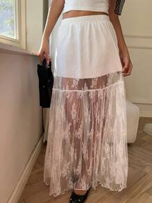 SHEIN EZwear Chân váy chữ A Maxi màu trắng phối ren lưng thun, thanh lịch, cỡ lớn cho mùa xuân và mùa hè - trắng - Xem 4