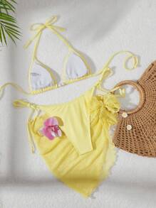 Swim SXY 3pcs/Set Women Solid Color Leisure Holiday Set: Triangle Backless Bikini Top, Textured Floral Skirt, Sheer Sexy Beach Swimwear For Summer Beach Vacation