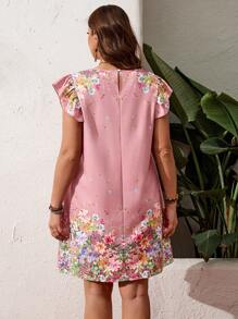 SHEIN LUNE 大码休闲节日花卉蝴蝶印花镂空领口连衣裙情人节 - 粉色 - 查看 3