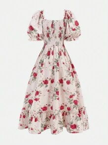 Girlism Teen Girl Teen Girl Rose Flower Contrast Color Panglică Cravată Mâneci bufante Gâtul cu volan Rochie, potrivită pentru vacanțe, sărbători, absolvire, petrecere, prânz