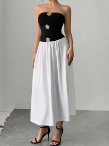 Firerie Valentine's Day Women's Color Block Patchwork 3D Floral Decor Simple Casual Dress - Black and White - View 5