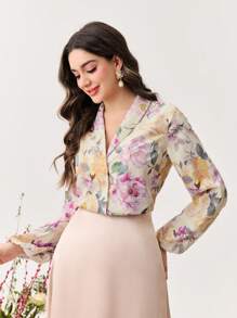 Modelyn 女士花卉印花灯笼袖浪漫优雅衬衫 - 米色 - 查看 6