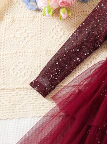 SHEIN Glamorique Kids Đầm công chúa lưới lấp lánh thanh lịch cho bé gái thời trang thường ngày - Màu Đỏ Sâu - Xem 6