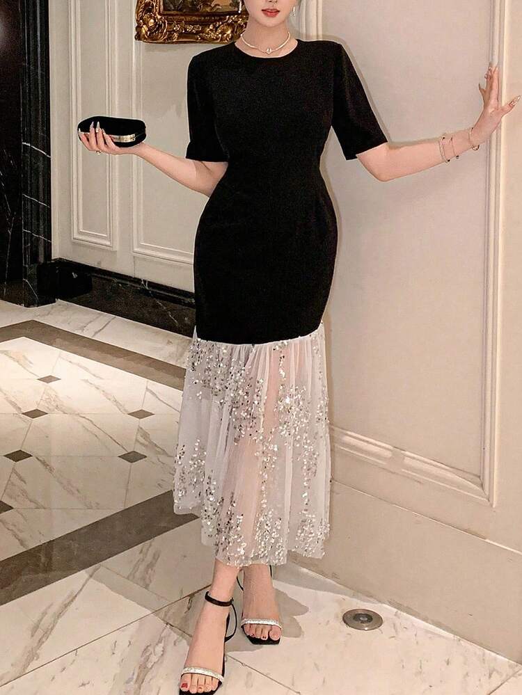 Women's Solid Color Splice Round Neck Short Sleeve Elegant Casual Dress,Dress For Wedding Maxi Dress