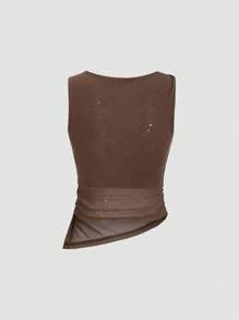 Sweetra Women's Spring/Summer Metallic Shiny Knit Asymmetric Fitted Slim Asymmetrical Hem Tank Top, Versatile For Commuting & Daily Wear