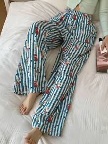 DAZY Striped Cartoon Print Wide Leg Loose Pajama Pants, Fall, Winter - Green - View 8