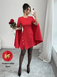 Chiquease Women's Elegant V-Neck Slit Sexy Cute Mini Dress, Date, Valentine's Day, Party, Bow Accent, Solid Red Fall Cloth For Women - Red - View 5