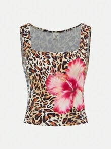 SHEIN Teenager Mädchen Passform Lässig Leoparden- und Blume Muster Crop Top mit Bauchnabel im Y2K Stil