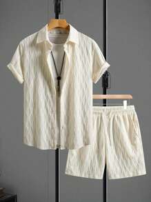 Manfinity Homme Men's Knitted Jacquard Short Sleeve Shirt And Shorts Set - Beige - View 5