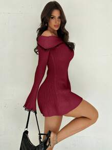 Firerie Elegant And Sexy White Contrast Color Lace Splicing Off Shoulder Bell Sleeve Cinched Waist Mini A-Line Sweater Dress, Autumn/Winter - Burgundy - View 6