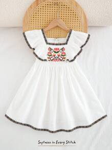 Cozy Pixies Kleine Mädchen Kleid mit Blumen Muster, geraffter Taille, Rüschenkragen, Lässig Kurzarm A-Linie, geeignet für Kleine Mädchen, Zuhause, Outdoor, Urlaub, Sommer