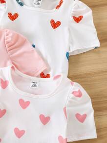 SHEIN Set de 4 piezas Blusa casual de bebé niña de unicolor con estampado de corazón y mangas abullonadas - Multicolor - Ver 3