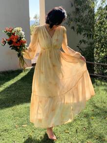 DAZY 女士优雅花卉中长连衣裙，适合春秋季度假，荷叶边长袖连衣裙 - 黃色 - 查看 8