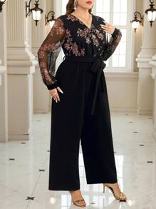 SHEIN Clasi 优雅亮片花卉印花网眼拼布大码女式长袖连体裤, 女士夏季服装, 女士情人节服装, 女士连体裤, 女士连体裤, 女士黑色连体裤, - 彩色 - 查看 3