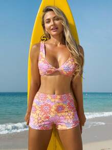 Swim SPRTY Summer 2pcs/Set Women's Multicolor Print Random Twist Knot V-Neck Top And Boyshort Swimwear Cute Bikini Set