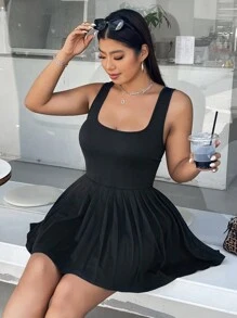 SHEIN EZwear 黑色加大码褶边连体裤