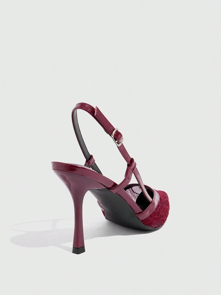CUCCOO CHICEST Fashionable Wine Red Lace Material Back Strap Pointed Toe Stilettos, Sexy For Commute, Date, Party, Vacation, Valentine's, Wedding Summer Shoes Summer Break Easter Prom Heels For Christmas Elegant Shoes Wedding Shoes Summer Shoes Bride Shoes