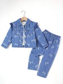 时尚女孩牛仔蝴蝶结印花套装 - 中等水洗藍 - 查看 1