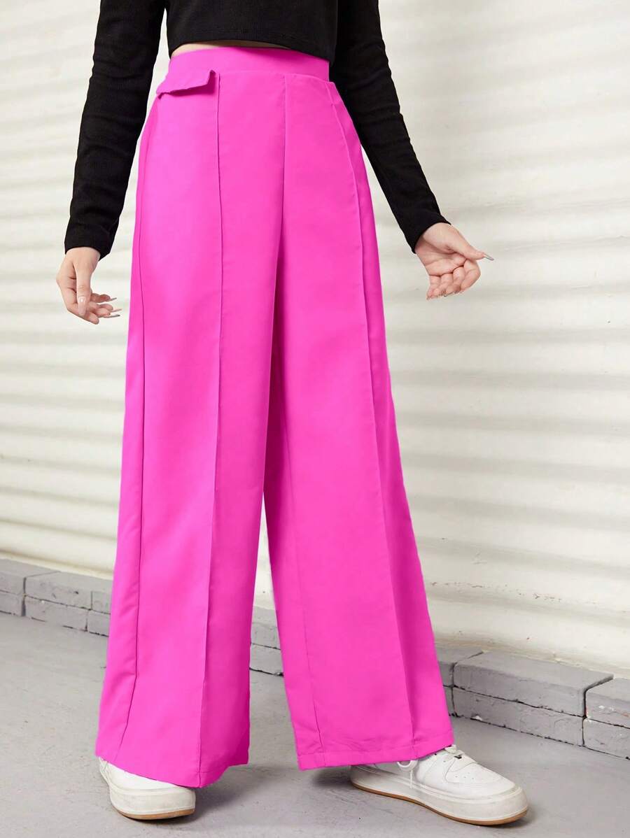 Teens/Girls Highwaisted Faux Pocket Flared Long Pants, Commuting & Elegant - Hot Pink - View 1