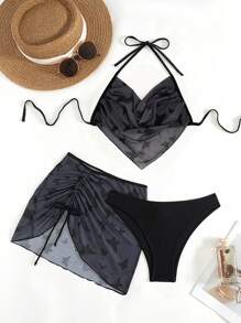Conjunto de Bikini de 3 piezas con estampado de mariposa gris para mujer, que incluye sujetador triangular, calzoncillos de natación y falda de natación. Conjunto de traje de baño, atuendo de playa