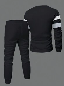 Manfinity Homme Men's Contrast Color Stripe & Wing Print Thermal Lined Sweatshirt And Sweatpants Set, Fall Clothes Winter - Multicolor - View 2