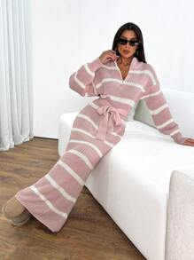 SHEIN Cottnline Black & White Striped Extra Long Zipper Half-Fold Collar Basic Style Simple Knitted Sweater Dress For Women - Pink - View 4