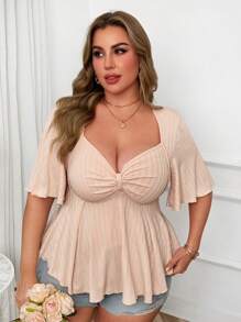 Vibekara Plus Size Sweetheart Neckline Round Ring Ruffle Sleeve Loose Elegant Cute Party & Date Women T-Shirt