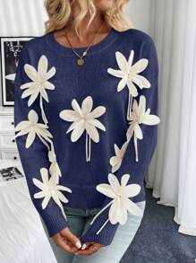 SHEIN Unity Jersey de cuello redondo con flores 3D de moda, jersey de punto de otoño/invierno - Azul - Ver 4