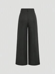 Sweetra 女士复古优雅提花皱褶阔腿裤，秋冬 - 灰色 - 查看 2