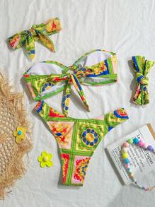 SHEIN Swim Set de 3 piezas de ropa de playa para mujer que incluye top de bikini acampanado sin tirantes estampado, calzones de cintura alta y pañuelo de cabeza de malla, conjunto de traje de baño sexy para vacaciones de verano en la playa - Multicolor - Ver 2