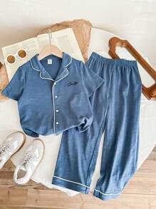 2pcs/Set Kids Boys Casual Simplistic Letter Embroidery Polo Collar Short Sleeve Top And Loose Pants Sleepwear Set - Blue - View 7