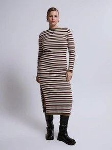 MUSERA Plus Size Stripe Scoop Neck Long Sleeve Dress Outfit For Streetstyle, Cool, Casual, Everyday, Y2K Style, 2000's Style, Holiday Autumn Winter Fall Evening Party Elegant