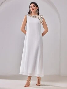 Al Najma 女士简约时尚阿拉伯长袍，休闲日常穿着 - 白色 - 查看 5
