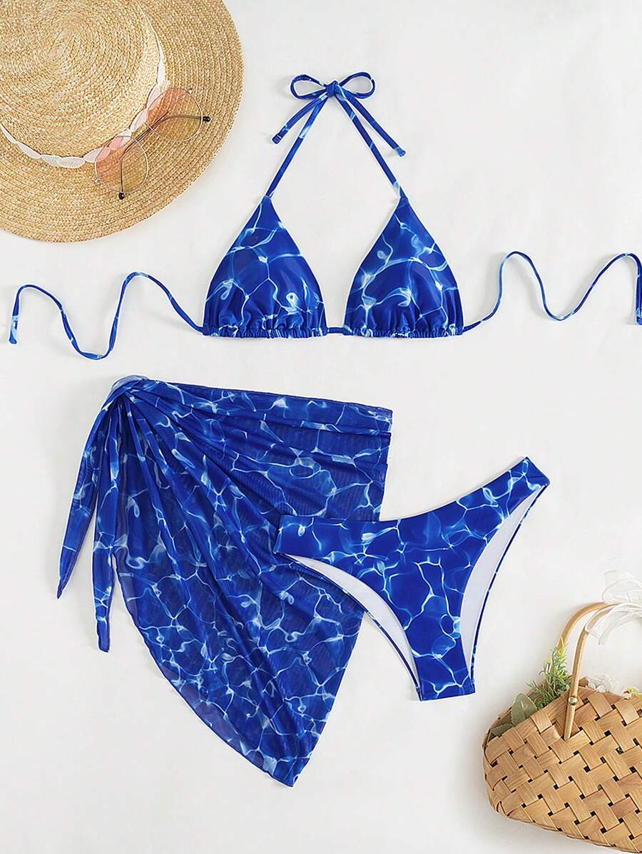 Summer 3pcs/Set Ripple Print Halter Neck Bikini Set: Triangle Bra Top And Swimwear Shorts With Skirt - Multicolor - View 1