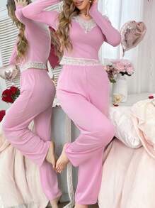 French Elegant Color Blocking Women Pink Pajamas Set - Burgundy - View 6