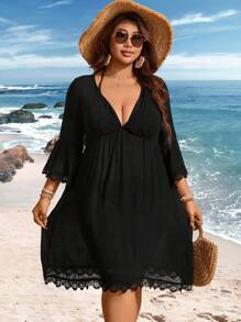 Swim Lushoire Plus Size Solid Color V-Neck Lace Patchwork Flare Sleeve Cover Up Dress, For Summer Beach Vacation - Black - View 4