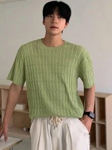 DAZY Men's Solid Green Ribbed Cable Design Knit Top, Summer - Green - View 7