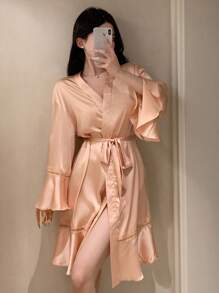 DAZY Satin Robe With Ruffled Lapel For Women Pajama - Pink - View 1