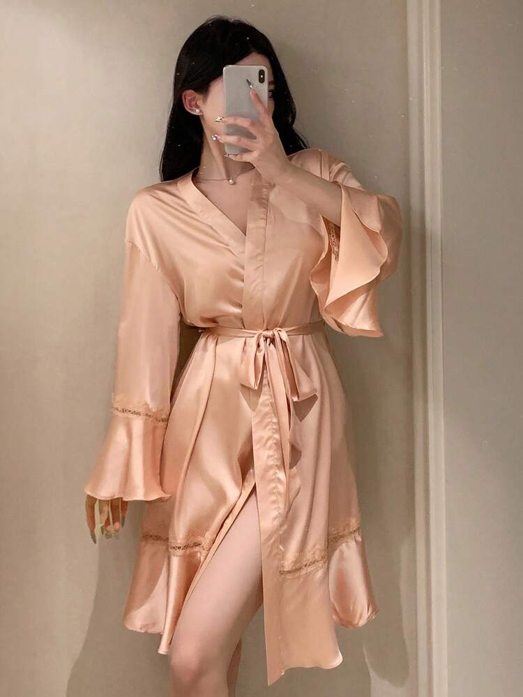 Satin Robe With Ruffled Lapel For Women Pajama