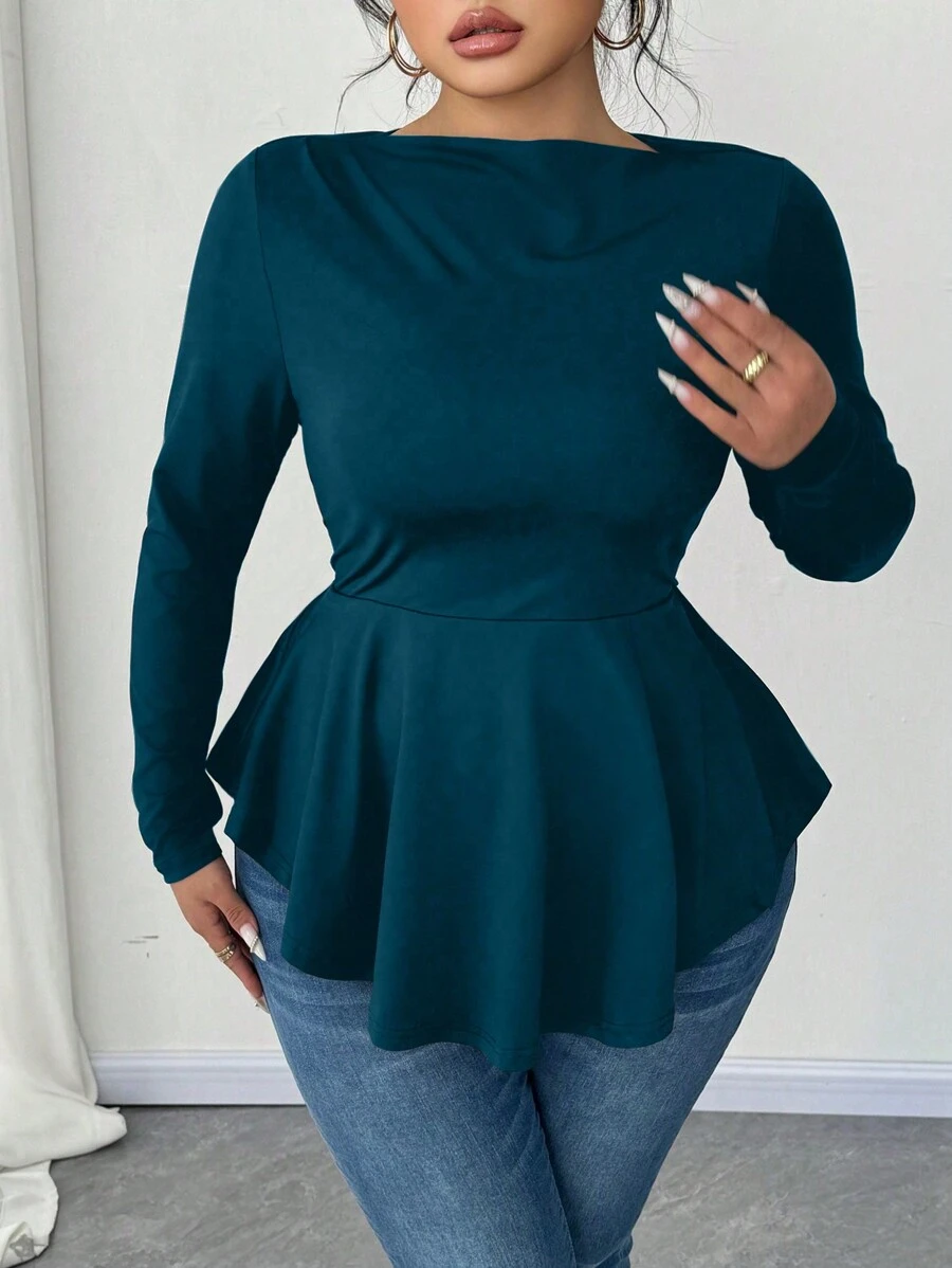 SHEIN Unity Plus Size Women Off Shoulder Long Sleeve A-Line Waist T-Shirt - Teal Blue - View 1