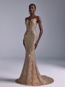 Elitara Váy bodycon đuôi cá đính hạt đàn hồi không dây màu vàng sâm panh sang trọng & thanh lịch, váy dự tiệc cưới, phù hợp cho tiệc cưới, tiệc độc thân, kỳ nghỉ, vũ hội, tiệc trang trọng, váy dạ hội, váy dài - Rượu sâm banh - Xem 5