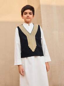 Tween Boys Patchwork Ribbon Vest And Long Sleeve Robe 2 Pieces Set - Multicolor - View 6