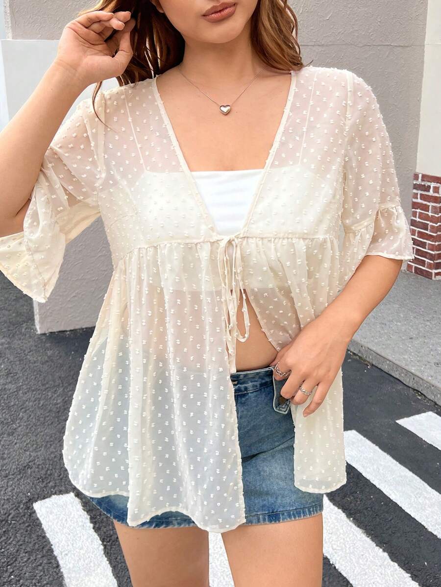 SHEIN EZwear Light Peach Sheer V-Neck Loose Plus Size Top - Beige - View 1