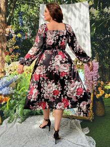 SHEIN Unity Plus Size Square Collar Heart Neck Bowknot Cuff Long Sleeve Floral Print Ruffle A-Line Maxi Vintage Elegant Cute Dress For Women, Resort Wear - Multicolor - View 2